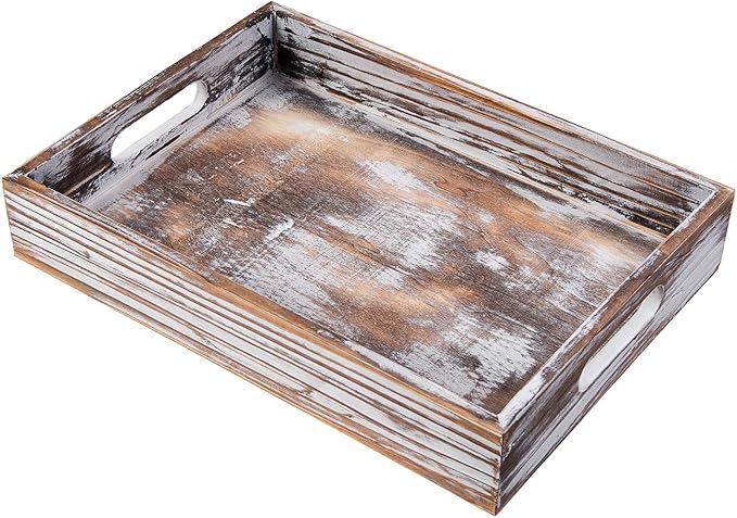 Rustic Whitewashed Wood Food Serving Tray Cutout Carrying Handles Breakfast in Bed Coffee Platter Table Wine Brown Rectangular Nesting Crate Desktop Document Holder Office Home Kitchen