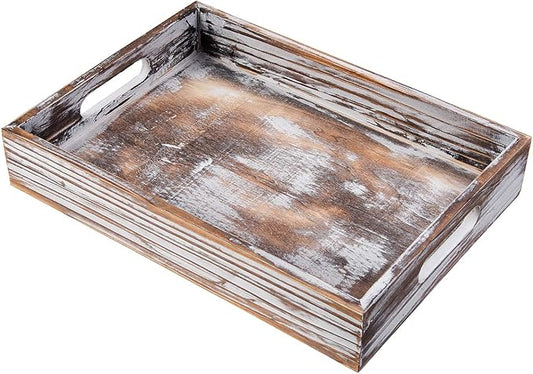 Rustic Whitewashed Wood Food Serving Tray Cutout Carrying Handles Breakfast in Bed Coffee Platter Table Wine Brown Rectangular Nesting Crate Desktop Document Holder Office Home Kitchen