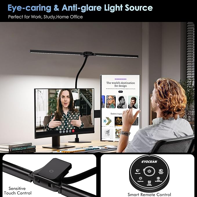 Desk Lamp with Metal Base, 31.5" LED Desk Lamp for Home Office, 24W Double Head Desk Light, Dimmable & Color Temperature, Table Lamp with Remote Control, Brightest Computer Monitor Light