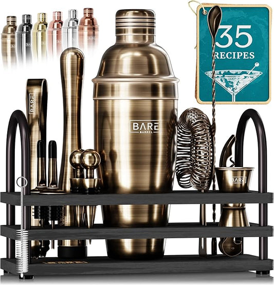BARE BARREL® Mixology Bartender Kit Bar Set | 14-Piece Cocktail Shaker Set | Martini Barware Mixing Tools for Home Bartending | 35 Recipe Cards | Gift Set (24oz Cobbler Shaker, Brass/Black)