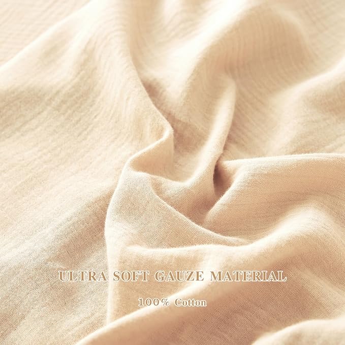 Twin Sheets Set 100% Cotton Bed Sheets Gauze 3 Pcs Linen Like Textured Beige Fall 16" Deep Pocket Sheet & Pillowcase Sets Boho Muslin Soft Bedding Sets for All Season Machine Wash
