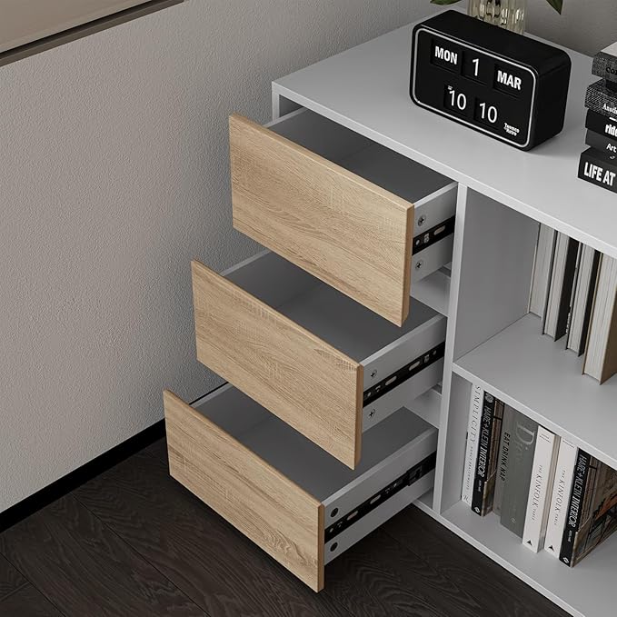 L Shape Computer Desk with 3 Drawers and 2 Shelves, Home Office Desk Corner Small Desk with Storage Cabinet for Writing Study Executive – Walnut and White