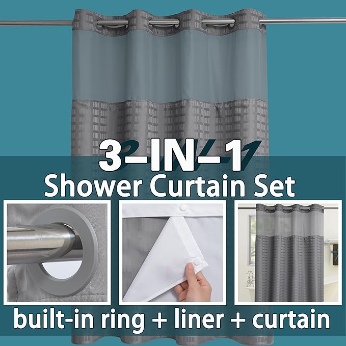 Conbo Mio Stall No Hook Shower Curtain with Snap in Liner Set, Hotel Luxury Grey Shower Curtains for Bathroom with See Through Top Window, Waterproof, Washable 54W x 74H