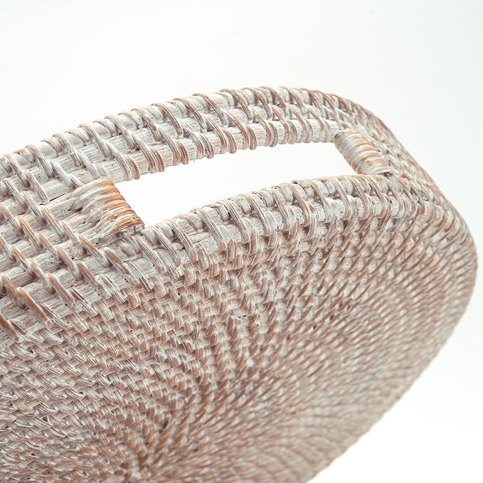 11.8" Round Rattan Tray, Hand Woven Serving Tray with Handles, Wicker Serving Basket, Decorative Tray for Home Decor, Whitewash
