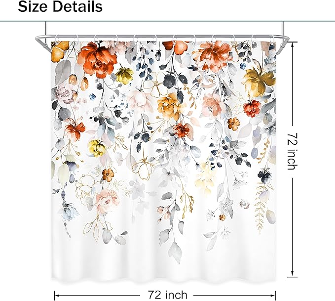 Floral Shower Curtain 72Wx72L Inch Flower Rustic Wildflower Blossom Watercolor Plant Botanical Spring Grey Fall Autumn Eucalyptus Leaf Bathroom Set Bath Curtain Bathtub Accessories Home Decor