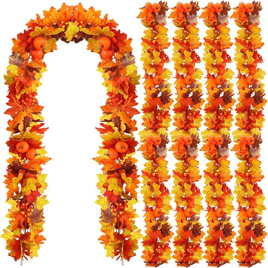 4 Pack Fall Maple Leaf Garland 9ft Autumn Maple Leaves Pumpkin Berry Garland Thanksgiving Halloween Mantle Fireplace Farmhouse Harvest Decorations for Home Outdoor Indoor Porch