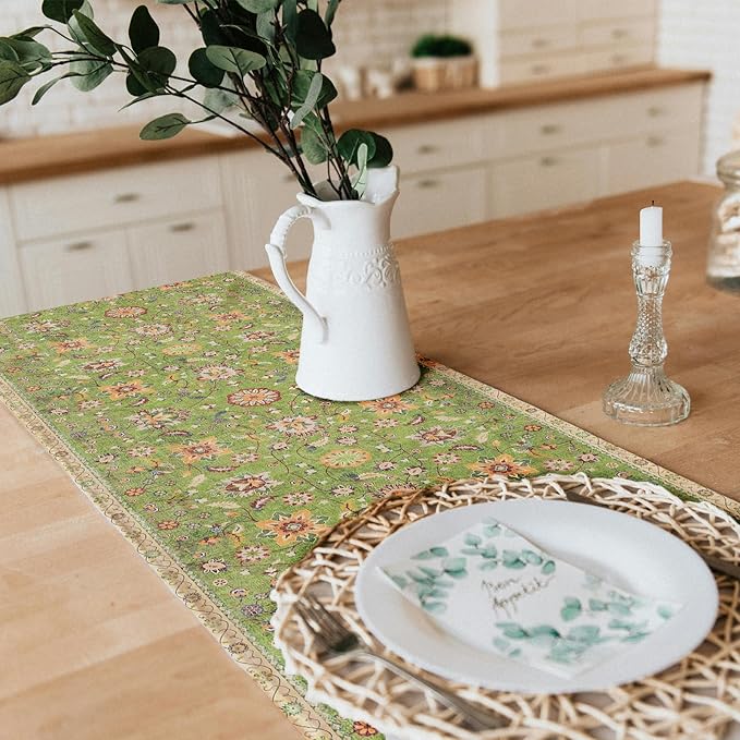 Snycler Table Runner Boho Table Runners Vintage Elegant Farmhouse Table Center Linen Decor for Home Dining Party Entrance (13x72 Inch) Green