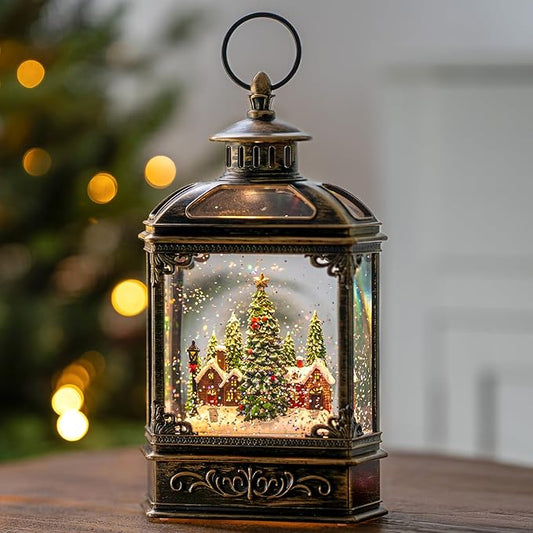 Christmas Village Snow Globe Lantern Musical Lighted Village House Water Lantern in Swirling Glitter, Christmas Home Decoration and Gift, Battery Operated or USB Powered