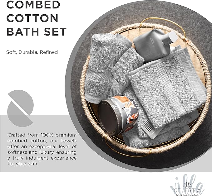 100% Cotton Bath Towel Set of 24-6 Bath Towels, 6 Hand Towels, 12 Wash Cloths, Sustainable, Soft, Highly Absorbent, Combed Cotton 24 Piece Set for Hotels, Spa, Bathroom, Dorm, Silver