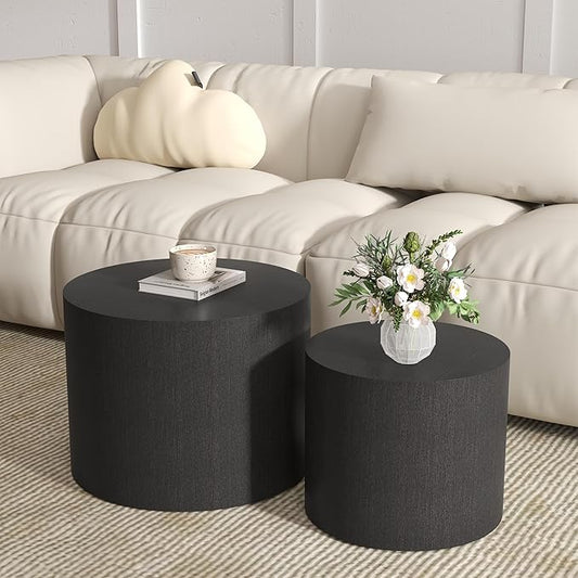 Nesting Coffee Table Set of 2, Round Wood Black Coffee Tables Modern Circle Coffee Tables Side End Table for Small Spaces Living Room, Bedroom, Balcony, Office