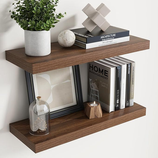 Floating Shelves for Wall with Invisible Brackets, Wall Mounted Engineered Wood Shelves with Wood Grain for Living Room, Bedroom, Bathroom, Kitchen Decor and Storage, Oak, 24"L Set of 2, Walnut