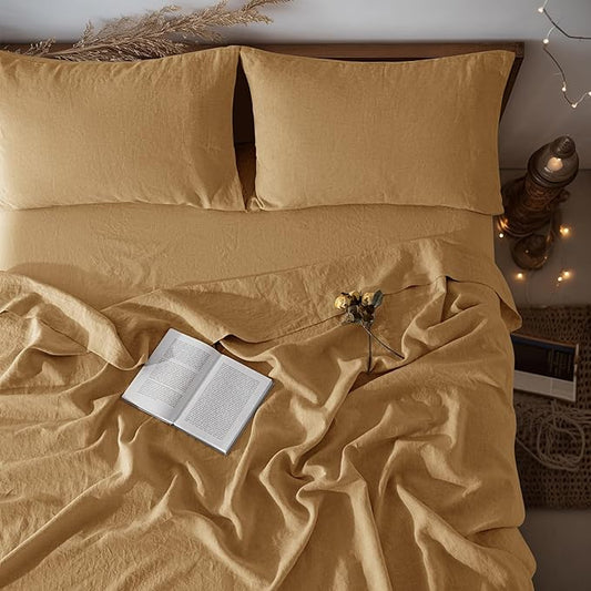 LBRO2M 100% Linen Sheet Set California King Size,Bed Sheets 4 Piece Sets,Solid Color Natural Flax Bed Sheets Soft Breathable Bedding,16" Deep Pocket,All Season (Clifornia King, Rust)