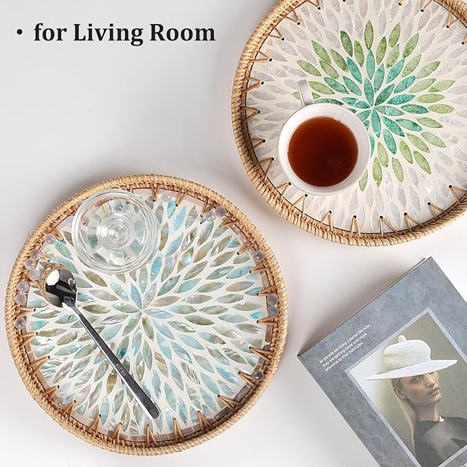 Round Rattan Tray with Mother of Pearl Inlay, Rattan Serving Tray for Coffee, Bread, Fruits, Decorative Wicker Tray for Table Decor, Home Decor, Kitchen Island Decor (Ambilight, 11.8")