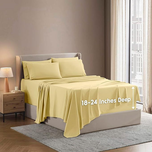 Nestl Extra Deep Queen Sheet Set - 6 Piece Breathable & Cooling Sheets - Hotel Luxury Bedding Set w/18-24 Inch Deep Pockets - Easy & Secure Fit - Super Soft, Wrinkle Free & Comfy - Custard Yellow