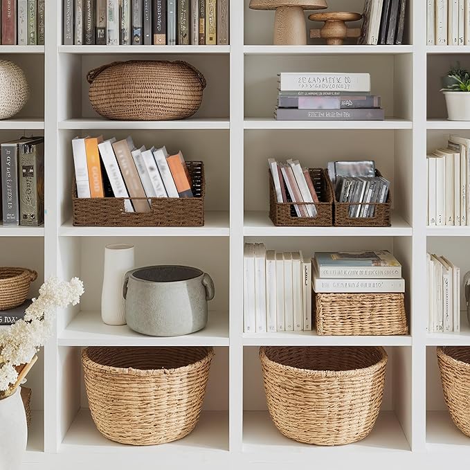 StorageWorks Paper Rope Pantry Storage Baskets, Wicker Baskets with Built-in Handles, Handwoven Shelf Baskets for Organizing, Pantry Organizers and Storage, Brown, 3 Pack