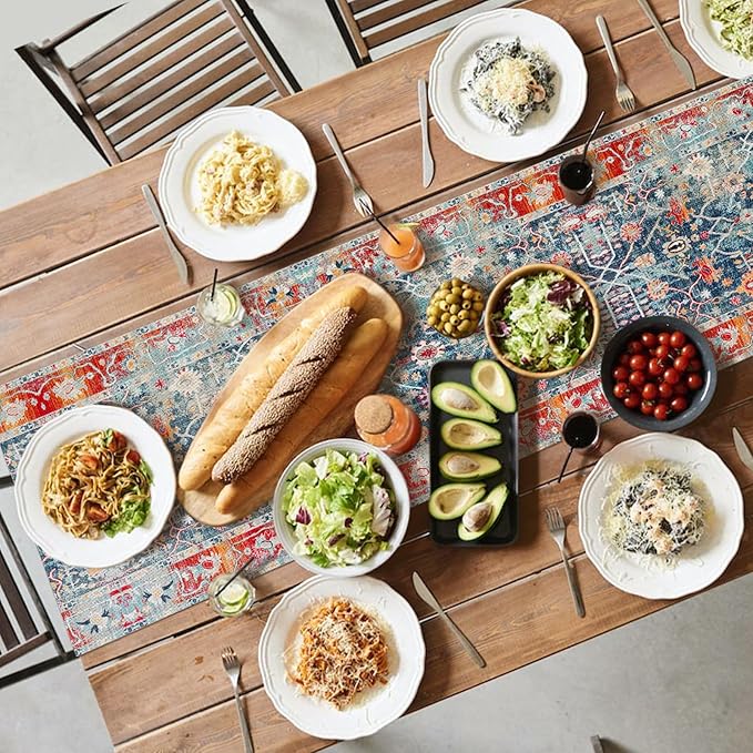 Snycler Table Runner Boho Table Runners Vintage Elegant Farmhouse Table Center Linen Decor for Home Dining Party Entrance (13x108 Inch) Boho-Blue&Red