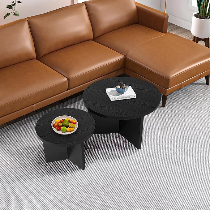Round Nesting Coffee Tables Set of 2, Modern Stacking Table with Wood Grain Finish, End Table Side Tables for Living Room (Black)