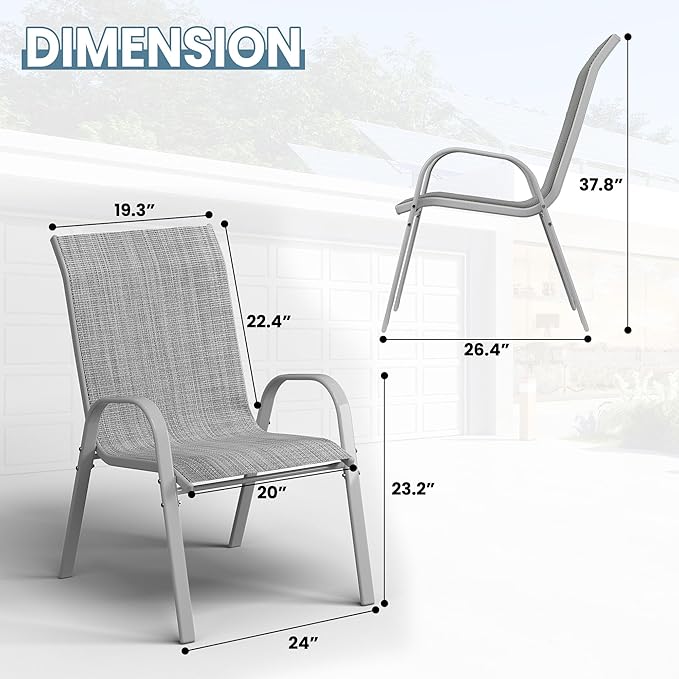 Amopatio Patio Chairs Set of 8, Outdoor Stackable Dining Chairs for All Weather, Comfortable Breathable Garden Outdoor Furniture for Backyard Deck, Grey & White