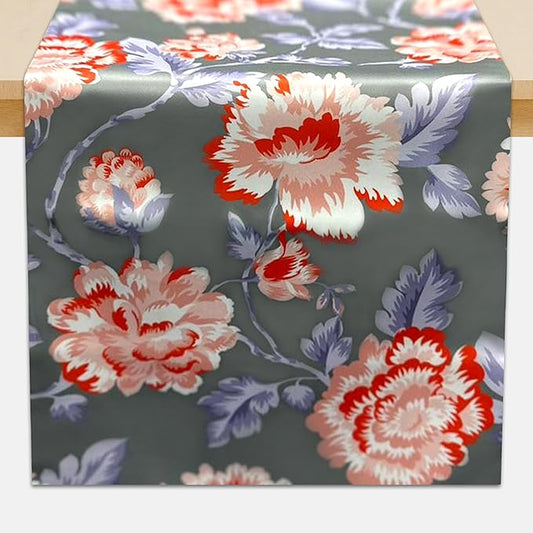 Decozen Table Runner - Japanese Print Floral Design Perfect for Winter Christmas Kitchen Dining Room Home Decor Console Table Farmhouse - Gray