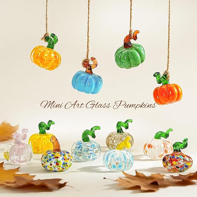 H&D HYALINE & DORA 12 Pcs Mini Blown Glass Pumpkin Figurines Crystal Halloween Pumpkin Art Decorations Table Accent for Home Thanksgiving Halloween