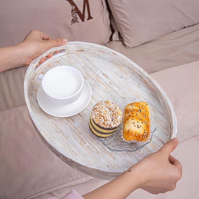 PEMAR 15.7"x11.8" Oval Mother of Pearl Serving Tray, Decorative Ottoman Tray for Living Room, Coffee Table, Breakfast in Bed, Candle Display (White Cream)
