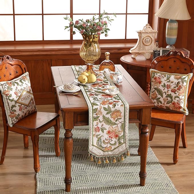 patdrea Designer Elegant French Floral Velvet Table Runner, Fresh Green with Orange Blossoms Pattern Table Mat, Decoration for Kitchen Dining Coffee Table Cabinet Banquet Thanksgiving,12"*87"