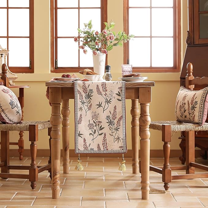 ISAENNE Designer Light Beige Linen Table Runner 87 Inches Long,Vintage Floral Wrinkle Resistant Decor Table Runners for Dining Tables,Christmas,Thanksgiving,Kitchen Tables,12"*87"-Helena A