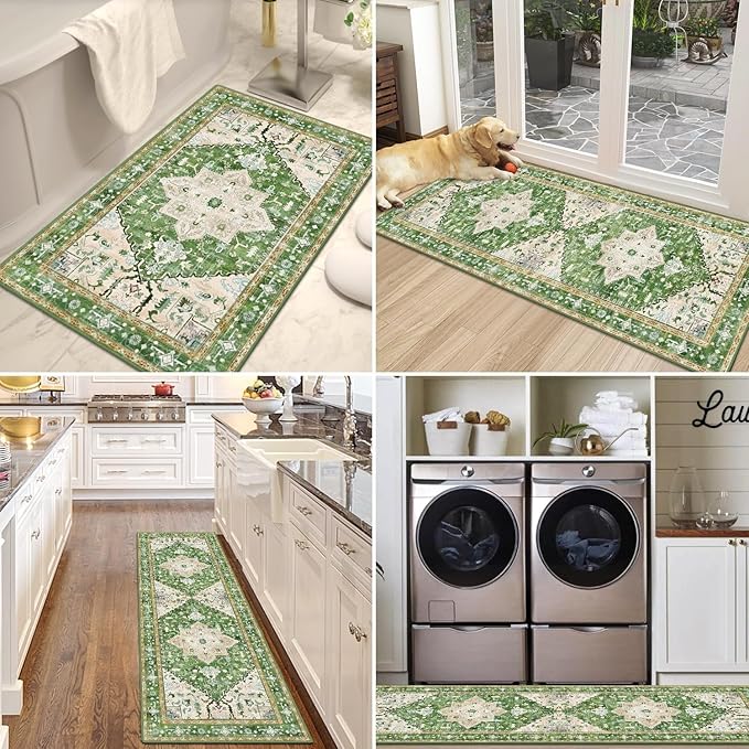 Yamaziot Boho Washable Kitchen Rugs Sets of 3, Non Slip Kitchen Mats for Floor with Rubber Backing, Waterproof & Stain Resistant Thick Carpet Runner Throw Rug for Kitchen, Laundry Room, Hallway, Green