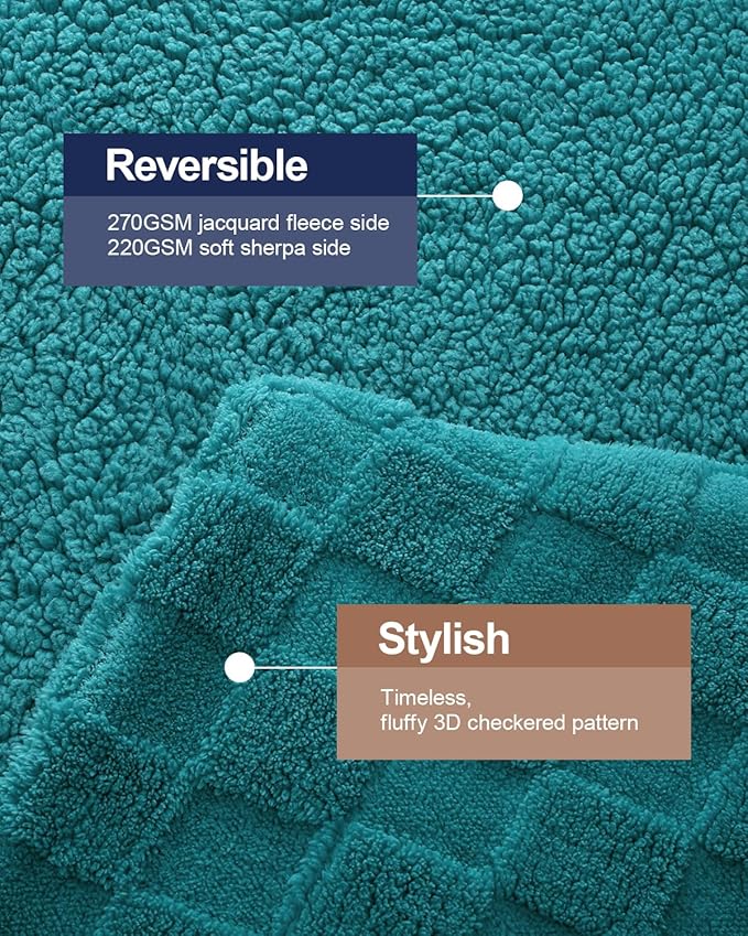 Pawque Super Soft Cozy Throw Blanket Queen Size for Couch Bed, Fluffy Sherpa Fleece Reversible Thick Warm Fuzzy Blanket for All-Season, 3D Checkered Jacquard Decorative Blankets, Teal Green, 90"x90"