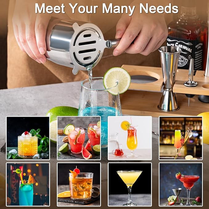 BRIOUT Cocktail Shaker Set, 8-Piece Bartender Kit Include Stand Martini Shaker Jigger Strainer Muddler Mixer Spoon Pour, Home Bar Accessories Tools for Drinks Mixing, Stainless Steel Silver