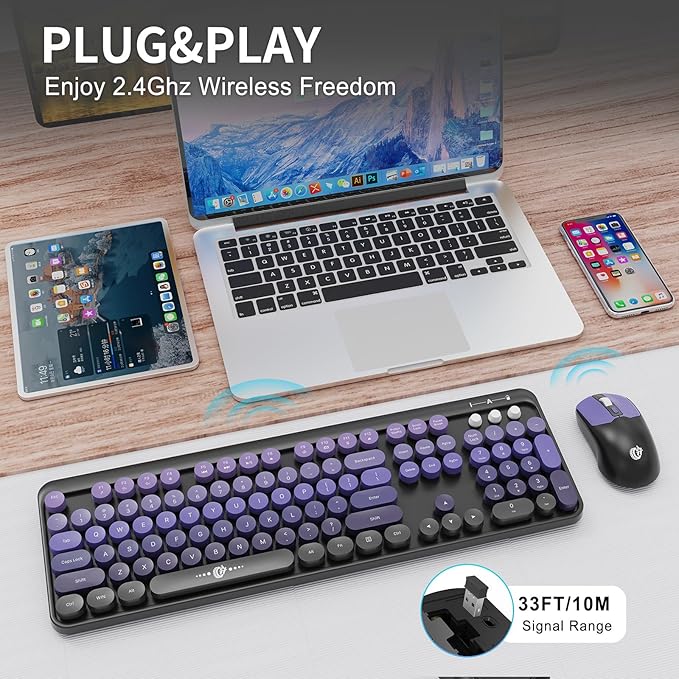 FD Wireless Keyboard and Mouse Combo | Cute Colorful Keyboard and Mouse with 2.4GHz Cordless Retro Typewriter Keyboard | Auto-Sleep | USB Receiver for Windows PC/Laptop - Black Purple Gradient