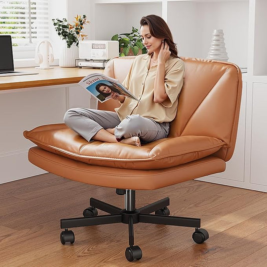 Armless Criss Cross Chair with Wheels, Leather Cross Legged Office Chair with 2-Layer Cushion,Swivel Modern Home Office Desk Chair 25.5" Wide Seat Height Adjustable,Vanity Chairs,Orange