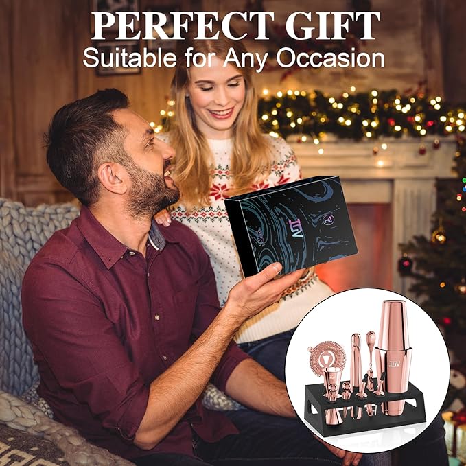 IOV Cocktail Shaker Set: 12-Piece Mixology Bartender Kit Bar Set | 18oz & 28oz Boston Shaker Drink Mixing Tools for Home with Recipe Booklet and Stand | Fun Housewarming Gift (Rose Gold)