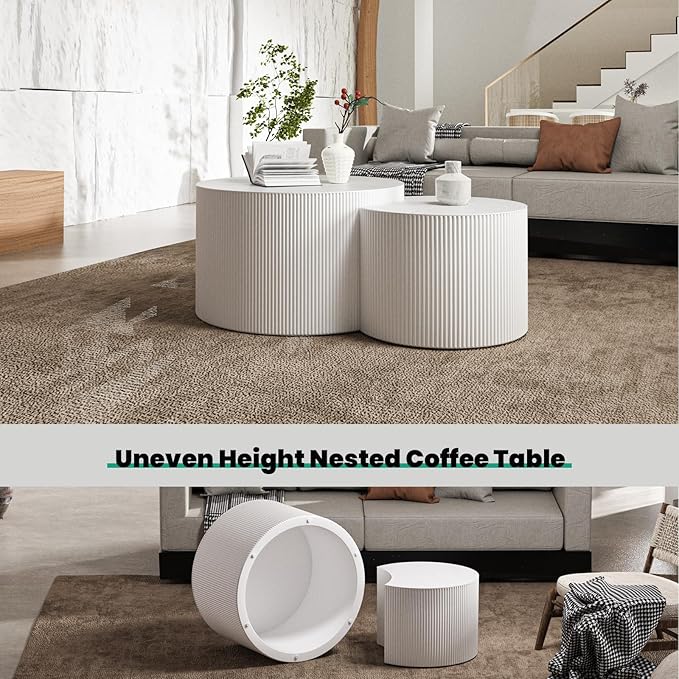 Round Coffee Table Set of 2 Modern Nesting Coffee Tables for Living Room Wave Stripe Round Coffee Table for Bedroom Office No Need Assembly (M)