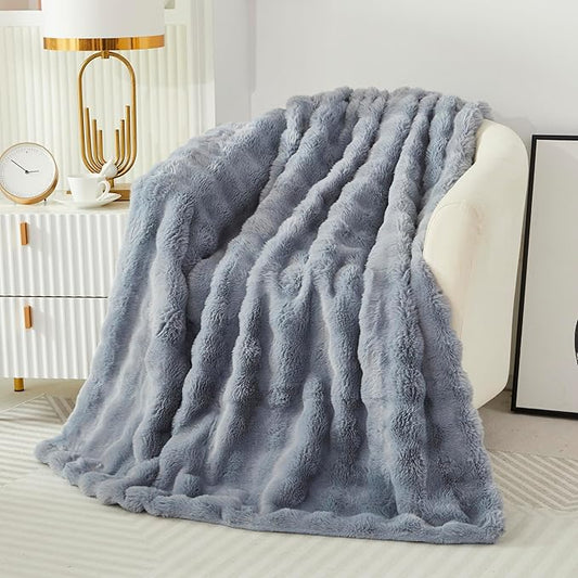 Faux Fur Throw Blanket for Couch Cozy Fuzzy Soft Plush Thick Fluffy Fleece Bubble Blanket for Sofa Bedroom Living Room, 51x63 Inches Light Grey