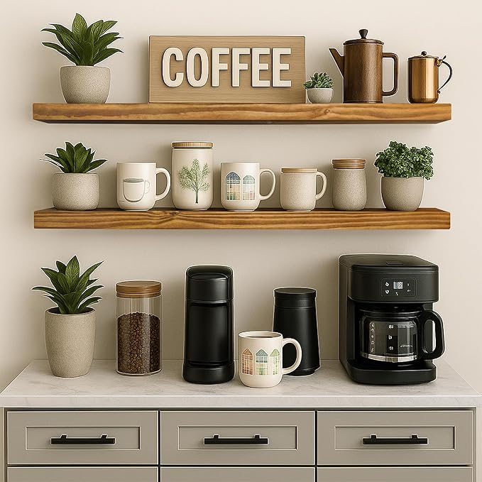 Rustic Floating Shelves 48 inch Long 8 inch deep Set of 2, Solid Wood Wall Shelves for Bedroom Living Room Kitchen,Book Shelf for Wall, Wall Mounted Shelves with Hidden Bracket- Gold Oak