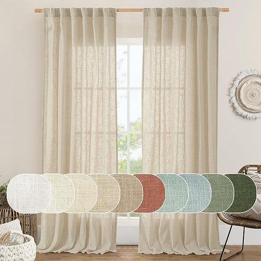 LAMIT Natural Linen Blended Curtains for Living Room, Back Tab and Rod Pocket Semi Sheer Curtains Light Filtering Country Rustic Drapes for Bedroom/Farmhouse, 2 Panels, 52 x 108 Inch, Linen