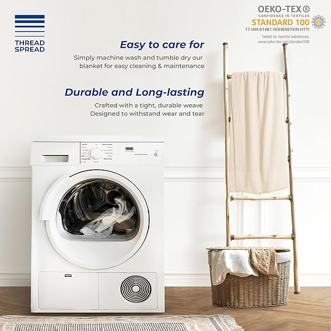 THREAD SPREAD Organic GOTS Cotton Blanket, Full/Queen - 350 GSM, Antistatic, Fuzzy Soft, Lightweight, Sofa, Camping & Travel, Perfect Herringbone All Seasons Throw, Ivory/Cream + Free Tote Bag