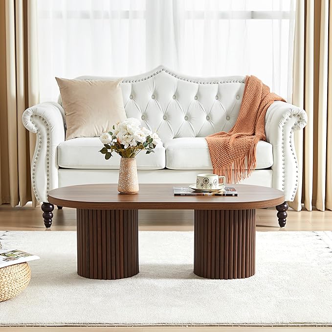 AVZEAR Oval Fluted Coffee Table for Living Room, Mid Century Modern Coffee Table with Fluted Legs, Curved Round Wooden Center Table for Home, Office, Cafe, Vintage Walnut (39.38" x 19.69" x 13.78")