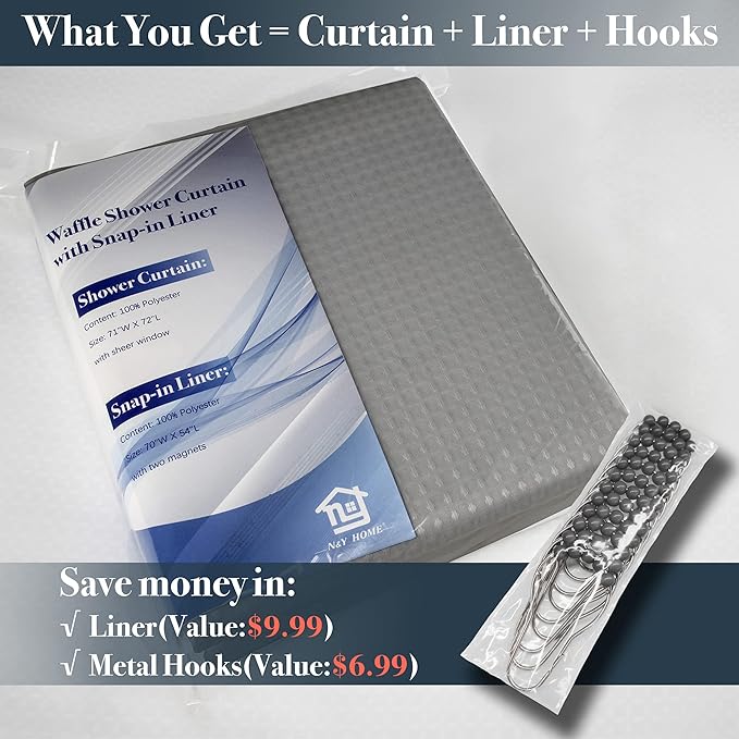 N&Y HOME Waffle Weave Shower Curtain with Snap-in Fabric Liner Set, 12 Hooks Included - Grey Shower Curtain Hotel Style, Water-Repellent & Washable, Mesh Top Window - 71x72, Gray