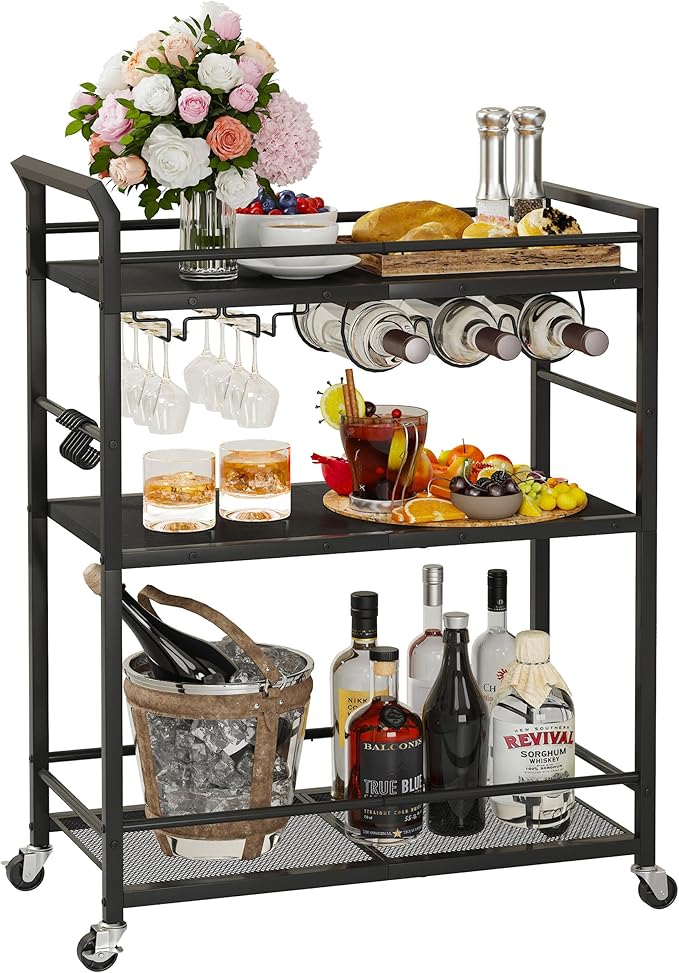 3 Tier Bar Cart, Home Bar Serving Cart with Wheels, Small Rolling Beverage Cart with Glass Holders, Mini Drink Cart with Wine Rack for Kitchen Dining Living Room Black GBC507B