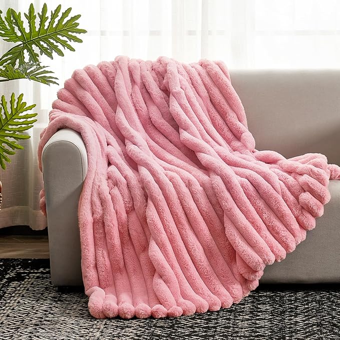 Cozy Bliss Faux Fur Throw Blanket for Couch, Cozy Warm Plush Striped Blanket for Sofa Bedroom Living Room, 60 * 80 Inches Hot Pink