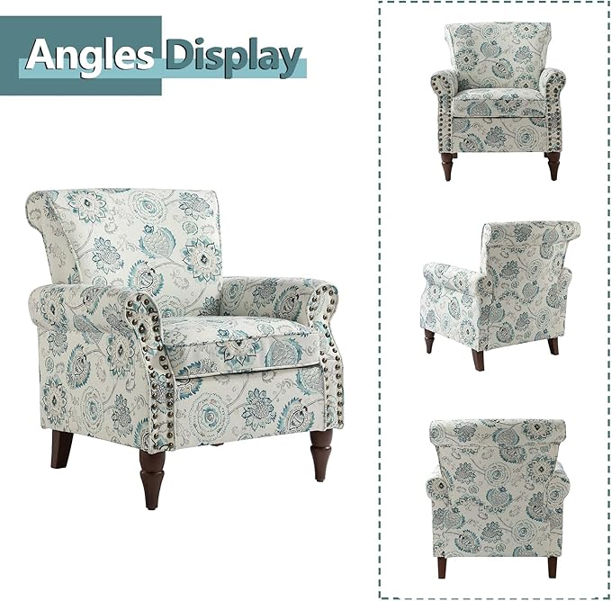 HULALA HOME Modern Wingback Accent Chair with Wood Legs & Removable Cushion, Comfy Upholstered Armchair with Nailhead Trim, Floral Pattern Single Sofa Chair for Living Room Bedroom, Medallion