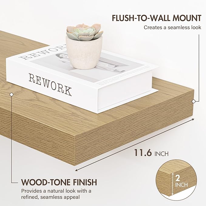 48 Inch Floating Shelves, 12" Deep Floating Shelf Wall Mounted, 48" Wall Shelves, Rustic Deep Bookshelf, Extra Deeper & Thicker Display Shelves for Bedroom, Living Room, Oak, Set of 2