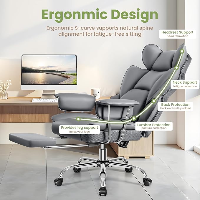 Office Desk Chair, Big and Tall Executive Office Chairs with Footrest, Large Leather Computer Gaming Chair for Adult, Ergonomic Reclining Chair High Back with Lumbar Support, Gray