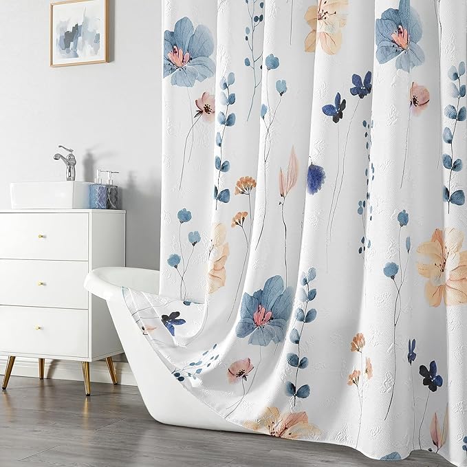 QiyI Watercolor Floral Shower Curtain, 3D Embossed Butterflies Blue Beige Flower Bathroom Curtain, Minimalist White Cloth Bath Curtain, Waterproof Fabric Textured Shower Curtain Set with Hooks, 72x72