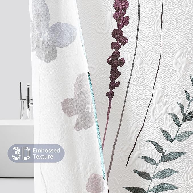 QiyI Spring Floral Shower Curtain, Watercolor Wildflowers Minimalist Bath Set, 3D Embossed Butterflies Botanical Flower Bathroom, Waterproof Fabric With Hooks, 72x72