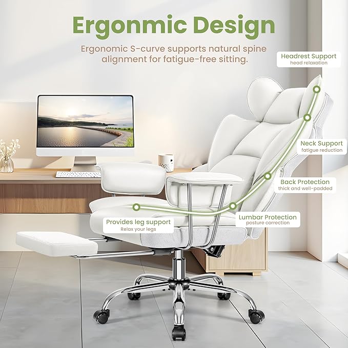 Office Desk Chair 400LBS, Big and Tall Office Chairs with Footrest, Leather Computer Gaming Chairs with Adjustable Height, Executive Office Chairs with Lumbar Support, White