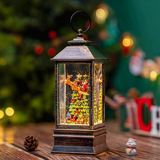 10.4" Christmas Snow Globe Water Lantern with Flying Santa Scene Battery Operated or USB Powered Musical Lighted Holiday Decoration for Tabletop Display for Family and Friends