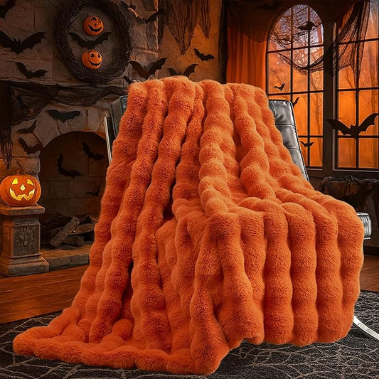 Cozy Bliss Faux Fur Throw Blanket for Couch, Fuzzy Soft Plush Thick Bubble Blanket for Sofa Bedroom Living Room, 50 * 60 Inches Halloween Burnt Orange